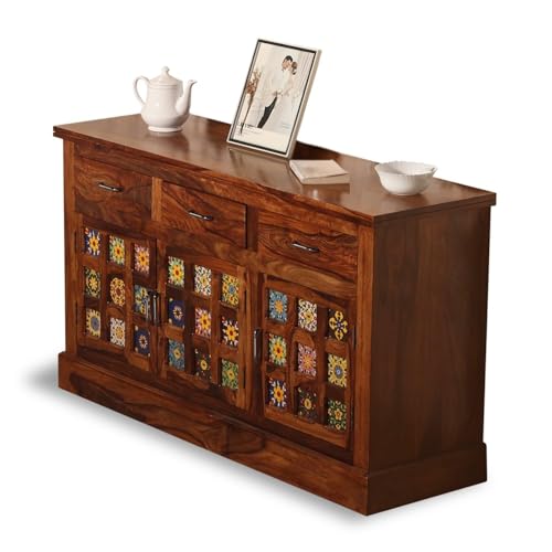 Image of Solid Sheesham Wood Sideboard Cabinet Storage with 3 Door & 3 Drawer Wooden Storage Organizer Cabinet for Home Kitchen Living Room Bedroom Hallway Dinning | Natural Honey Finish | Pre-Assembled