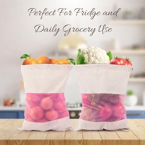 Image of Solitude Set of 3 Cotton Vegetable Bags Fridge Storage Bag Sabji Fruits Pouch Refrigerator Produce Muslin Reusable Washable & Multipurpose use Cloth Bags with Drawstrings