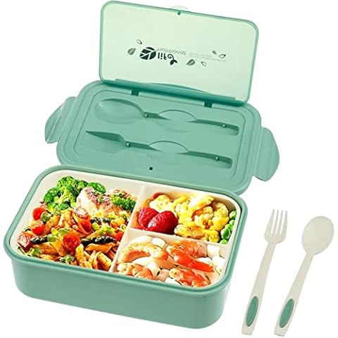 JW Gadgets Bento Box for Adults Kids, 1400ML Food Container with 3 Compartments, Meal Prep, Cutlery Included, Microwave and Dishwasher Friendly, Leak Proof, BPA Free, Lunch Boxes for Kids (Green) Cover