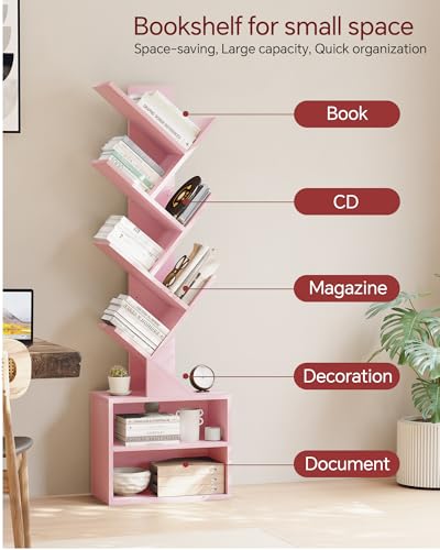 Image of SUNMORY 6 Tier Tree Bookshelf, Tall Small Bookcase with Storage Cabinet | Modern Narrow Bookshelves Organizer, Floor Standing Book Case Shelf for Bedroom Living Room Home Office Corner, Pink