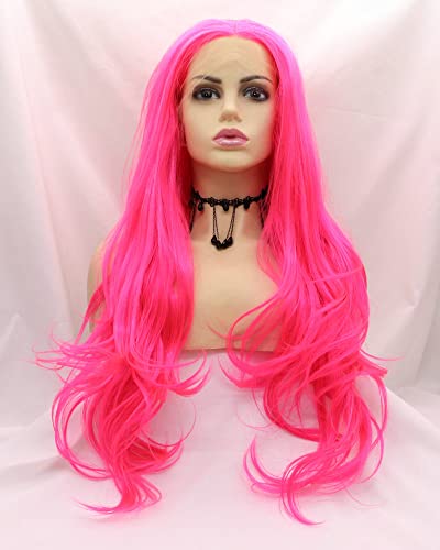 Female Rose Red Wig Natural Hairline Long Hair Wavy Wig High Temperature Synthetic Lace Front Wigs for Women Replacement Glueless Pink Wig 26 Inches