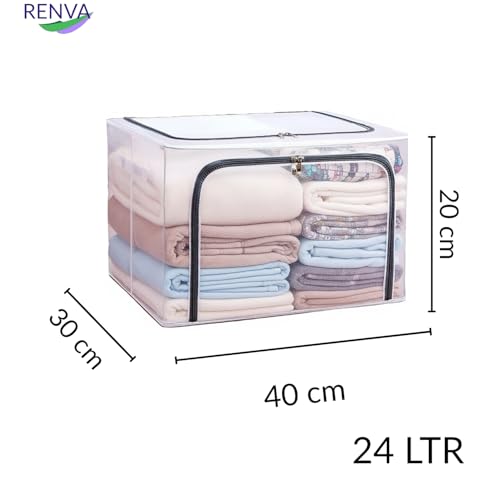 Image of RENVA 2PCS Fully Transparent Openings Clothes Storage Bins with Metal Frame, Stackable & Foldable Storage Box with Lids, Closet Organizers, Cap, Sweater (40L x 30W x 20H) CM. (Transparent, 24L-2)