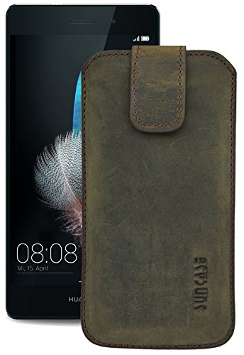 Suncase ECHT Ledertasche Leder Etui *Slim-Edition* für Huawei P8 lite | Huawei P8 | (mit Rückzugsfunktion & Magnetverschluss) antik-dunkel braun