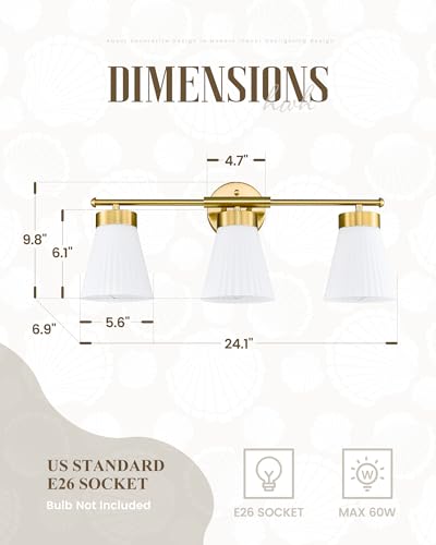Image of Bathroom Light Fixture, HWH 3-Light Brushed Gold Vanity Lights for Bathroom Modern Vanity Sconce Lighting Over Mirror, Wall Lamp with Frosted White Striped Glass, 5HZG97B-3W BG