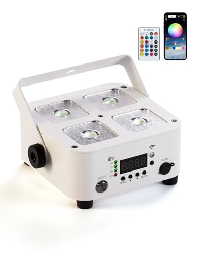 LYJFBD 4x10W RGBWA+UV LED PAR Strahler mit Akku 5200mah Wiederaufladbare Partybeleuchtung mit Fernbedienung APP RI Wireless DMX für DJ Shows Bühne Hochzeiten PartyDisco und Außenbereich.(Weiß)