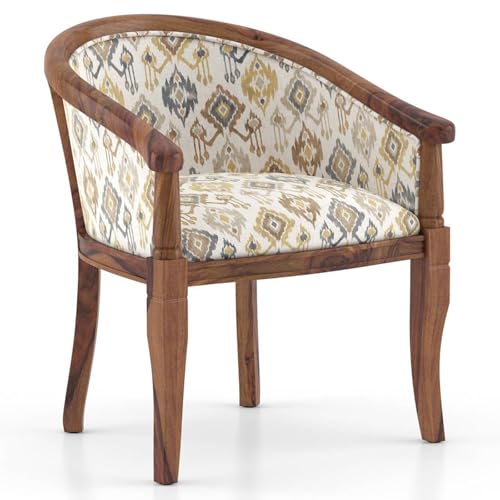 Image of Sheesham Wood Barrel Accent Chair with Floral Fabric Upholstery Teak Finish Handcrafted Wooden Lounge Chair with Backrest (Mustard Mist Ikat)