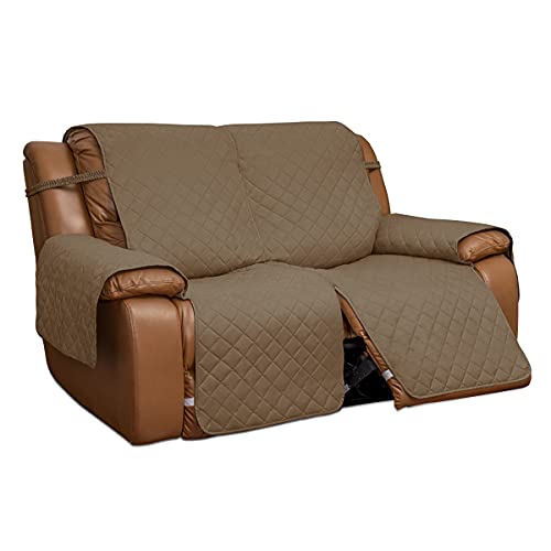Easy-Going Funda reversible para sillón doble reclinable, funda de sofá dividida para cada asiento, protector de muebles con correas elásticas para niños, perros, mascotas (2 asientos, camello/marfil)
