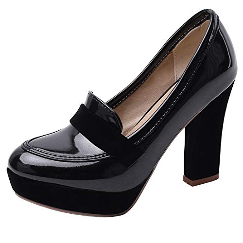 AIMODOR Womens Penny Loafers Patent Platform Chunky High Heel Pumps