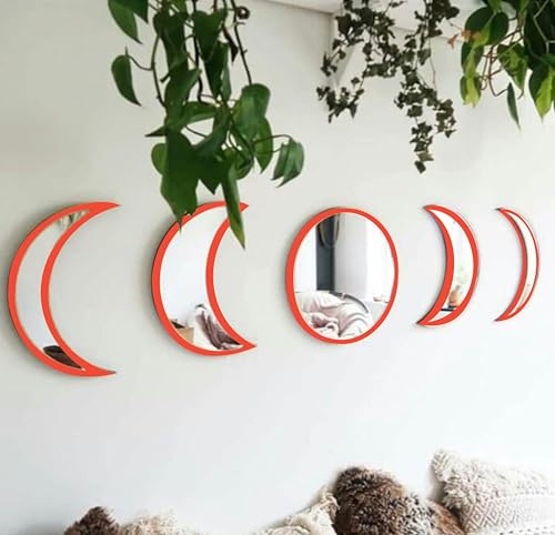 Image of 5 Pieces Moon Phase Acrylic Mirror and Pine Wood Set - Aesthetic Wall Decor Item of Living Room, Boho Minimalist Hanging Mirror Set for Bedroom, Hallway, Home & Office Decoration (Red)