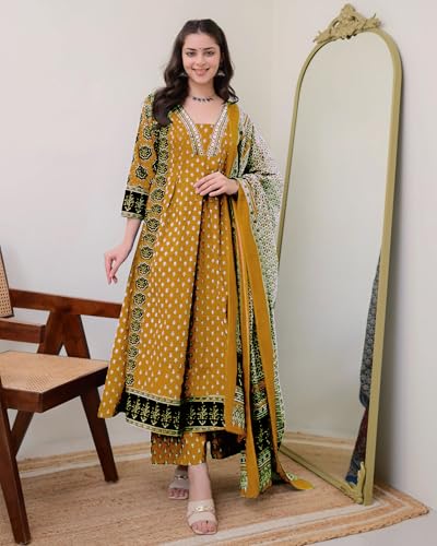 Image of ANNI Designer Women's Pure Cotton Anarkali Kurta Set for Women with Dupatta & Plazzo - Hand Block Print Suit Set | Stylish Dress | Cotton Kurta Set for Women