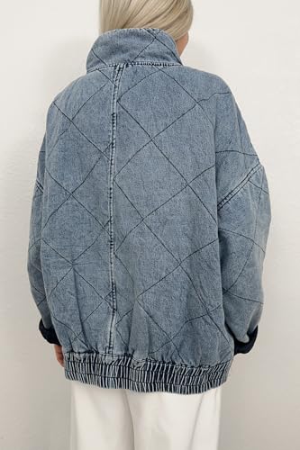 utcoco Women's Oversized Long Sleeve Denim Jacket Casual Loose Fit Zip Up Jean Quilted Jackets Coat with Pockets3