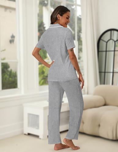 Image of HNG Women Pajamas Set 2 Piece Button Up Pajamas Pant and Short Sleeve Shirt for Woman Pj Sets with Pocket