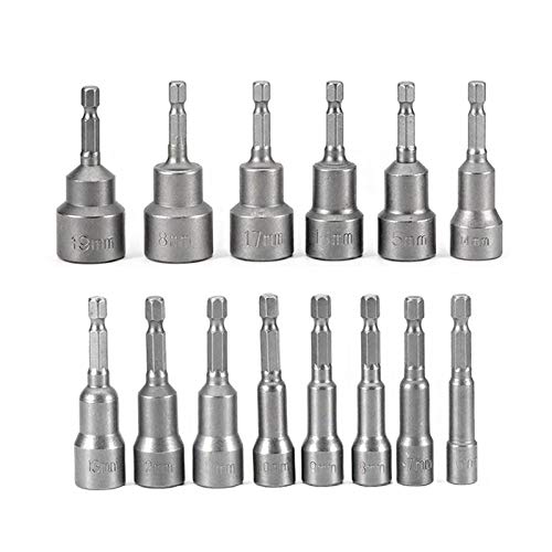 Tool Part for Metric Socket 1/4 Hex Drill Bits Adapter 14PCS of 6 19mm Socket Sleeve Magnetic Nut Driver Set Power Tools Kit
