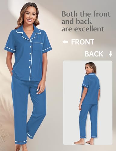 Image of COLORFULLEAF Women's 100% Cotton Pajamas Set Button Down Sleepwear Short Sleeve Shirt and Long Pants Soft Ladies Lounge Sets
