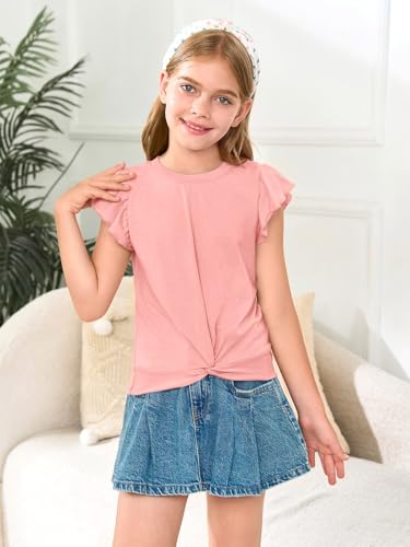 Image of Haloumoning Girls Ruffle Sleeve T Shirts Summer Crewneck Shirt 5-14 Years | Flutter Ruffle Short Sleeve, Twist Front, Casual, Solid, Loose Fit, Tees Tops