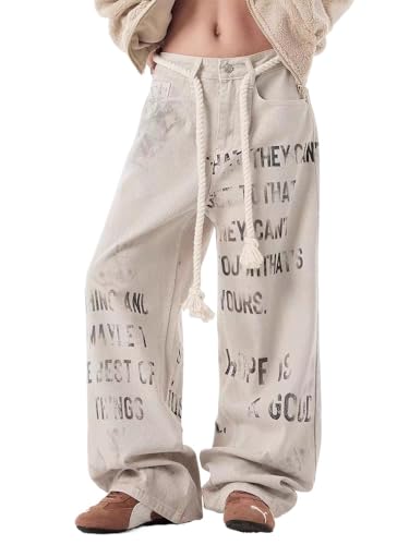 Unisex Y2k 90s Vintage Graffiti Letter Jeans Hip Hop Streetwear Grunge Distressed Casual Baggy Wide Leg Denim Pants