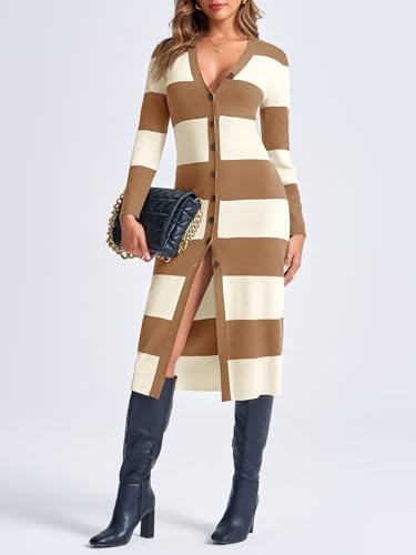 Saodimallsu Womens Striped Sweater Dress Button V Neck Long Sleeve Knit Fall Trendy Bodycon Midi Dresses Cardigans2