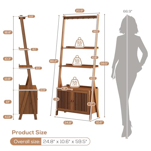 Image of Bookcase with Drawers, 4-Tier Bamboo Bookshelf Ladder Shelf with 6 Hooks, Tall Narrow Retro Book Shelf, 24.8 inchL x 10.6 inchW x 59.5 inchH, Standing Storage Organizer for Living Room, Office, Bedroom, Walnut