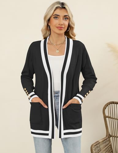 LOMON Light Weight Sweaters Color Block Cardigan for Women with Pockets3