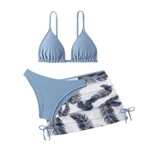 Traje de baño de 3 piezas para niñas, conjunto de bikini con tirantes delgados cruzados, falda tropical, ropa de playa de verano, traje de baño lindo para adolescentes, azul claro, 9-10 años