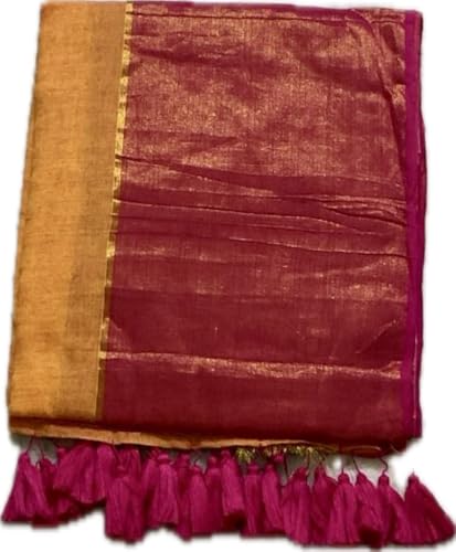 Image of Women's Mul Cotton Saree with Tassels | Soft Mulmul Saree | Woven Stripes & Zari Line | 5.5 Metres - Without Blouse