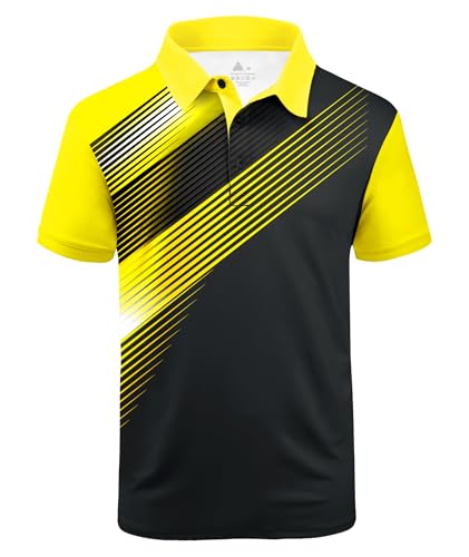Zity Mens Golf Shirt Short Sleeve Sport Moisture Wicking Performance Print Golf Polo Shirts For Men Collared Casual T-Shirt Black Yellow Large