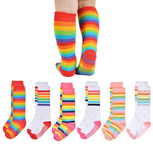 EPEIUS Baby Girl Rainbow Striped Knee High Socks Non-Slip Uniform Tube Stockings Soccer Socks for Toddler and Child