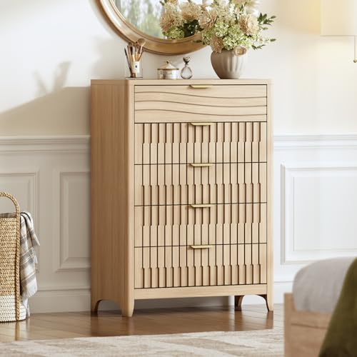 Image of Fluted 5 Drawers Dresser for Bedroom, 44'' Tall Wooden Chest of Drawers with Metal Handles, Modern Dresser TV Stand, Wood Clothing Storage Organizer for Living Room, Entryway, Natural Oak