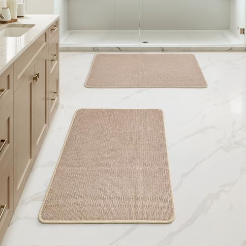 MIULEE Bathroom Rugs Set 2 Pieces, Thin Bath Mats Beige 17x27 Inch