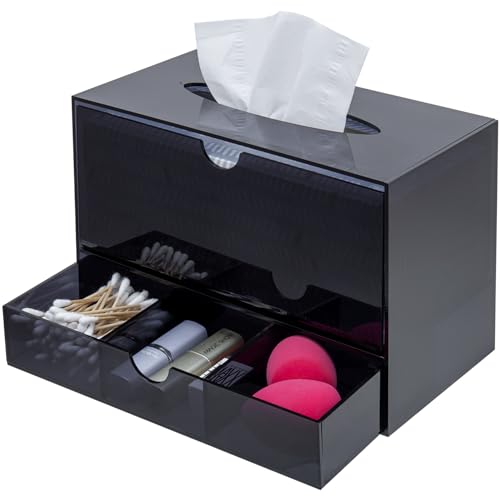 MyGift Premium Black Acrylic Cosmetic Organizer Caddy and Tissue Box Cover with Pull Out Makeup Storage Drawer - Countertop Bathroom Supplies Holder