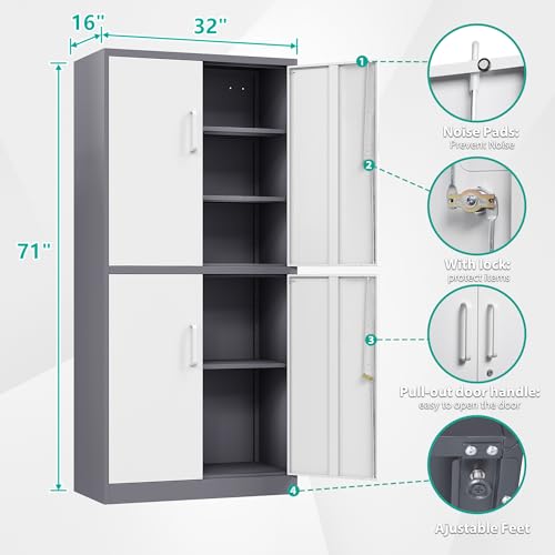 Image of SISESOL Storage Cabinets with Doors and Shelves, 71'' Metal Garage Cabinet Locking, Adjustable Layers for Home Gym, Bathroom, Kitchen, Office, Gray White