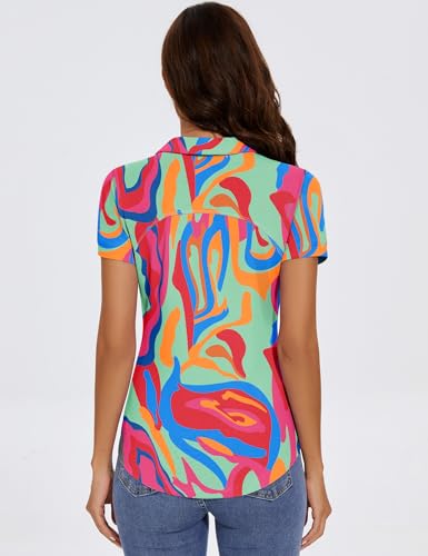 Tfsdod Women'S Tropical Print Golf Shirts 3-Button Short Sleeve Lapel Collar Curved Hem 2024 Fashion Casual Polo Shirt Floral Rose Red M thumb #2