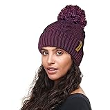 RockJock R80 Warm Chunky Cable Knit Pom Pom Hat with Thermal Insulating Teddy Fleece Liner-Burg Burgundy