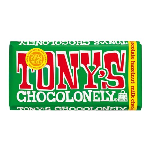Tony’s Chocolonely Belgian Milk Chocolate Hazelnut Candy Bar for Snacks, Chocolate Bar for Party Favors, Gifts, or Gift Basket, 32% Cacao, Made From Quality Fairtrade Cocoa, 6.35 Oz