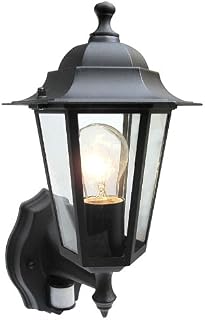 Outdoor 6 Sided Black Wall Lantern Security Light Complete With PIR Motion Sensor Detector IP43 Weatherproof With Lamp