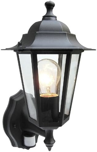 Outdoor 6 Sided Black Wall Lantern Security Light Complete With PIR Motion Se... [Energy Class F]