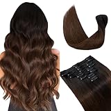 Hairro 10 Inch Clip in Hair Extensions 100% Human Hair Ombre 50g Thin 8 Pcs 18 Clips Standard Weft Short Straight Clip on Remy Hairpieces for Women 2 Tones #1BT4 Off Black to Medium Brown
