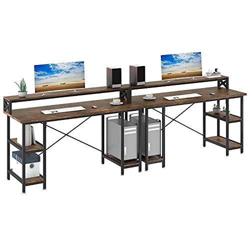YITAHOME 110 inches Double Desk with Storage Shelves Monitor Stand, Two People Workstation Table Writing Study Work Desk with Bookshelves for Home Office, Rustic Brown