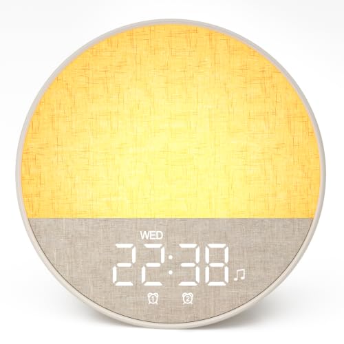 Tageslichtwecker, Lichtwecker Sonnenaufgang Wecker mit Licht, Wecker Digital mit 2 Alarme und Snooze, White Noise Machine mit 30 Weißes Rauschen, Nachttischlampe mit 20 Helligkeit, 8 Farblicht, Timer