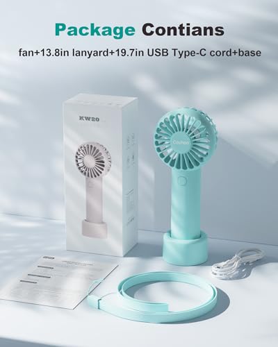 Coohea Mini Handheld Fan, Small Cute Design, 3 Powerful Speeds, USB Rechargeable Battery Operated, Portable Personal Fan with Base & Lanyard, for Eyelash Makeup Travel Beach Office Desk, Blue