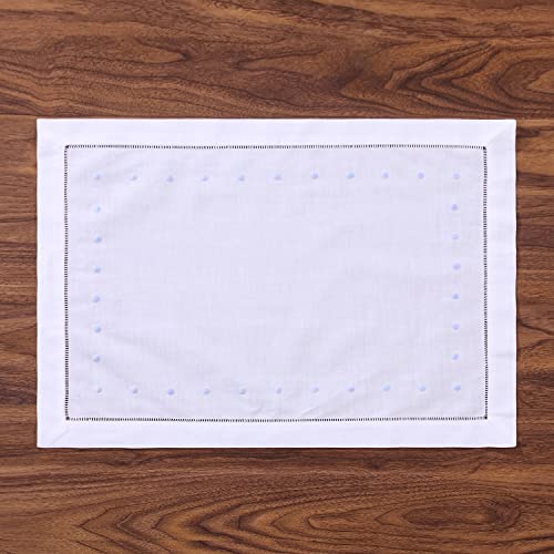 Minghing Linen Placemats, Set Of 4 White Hemstitch Placemats 13 X 19 Inch Handmade Linen Hemstitch Placemats With Embroidered Blue Dot For Dining Table #TOP1