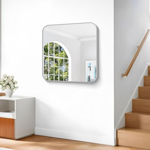 Image of Silver Bathroom Mirror, 30 x 30 Inch Silver Square Mirror, Metal Framed Rectangular Vanity Mirror, Rounded Corner Wall Mounted Mirror for Living Room Bedroom Entryway Hangs Horizontal /Vertical