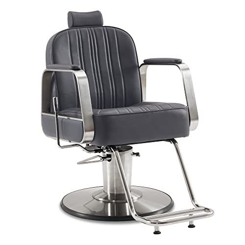 Barberpub Silla de peluquería con reposacabezas, altura ajustable, inclinable para hombre y mujer, silla de uso en casa moderna, piel sintética, 8548 (gris y plata) Cover