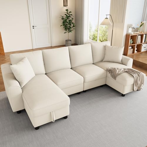 TIZZ Sofá chenilla en forma de U, 2 plazas con dos chaise longues, dos cojines, espacio de almacenamiento plegable, multifuncional, modular, beis, 280 x 137 x 84 cm