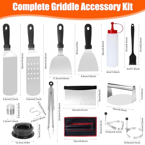 JUAUO 27TLG Grillspachtel Plancha Zubehör Set, Professionelles Teppanyaki Grillbesteck Kit für das Kochen im Freien aus Edelstahl mit Zange, Burgerpresse, Tragetasche, Geschenk für Männer