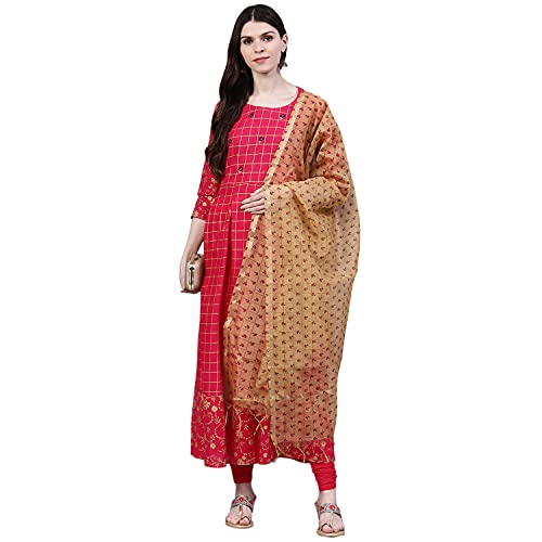 Image of Stylum Women's Checkered Rayon Flared Kurta with Dupatta Set