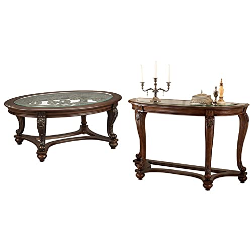 Signature Design By Ashley Norcastle Vintage Oval Coffee Table, Dark Brown & Norcastle Traditional Half Moon Sofa Table With Beveled Glass Top And Scrollwork Legs, Dark Brown #TOP30