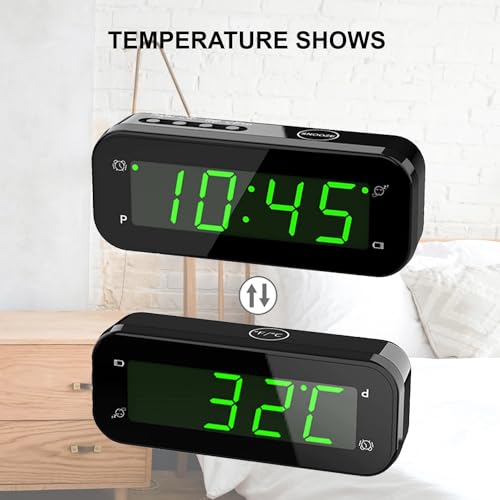 Image of Small Digital Alarm Clock with Temperature Display - Battery Operated,Adjustable Brightness,Snooze,12 /24Hr,Cordless,Night Mode - Ideal Bedside Clock for Bedroom Desk Travel(Green Display)