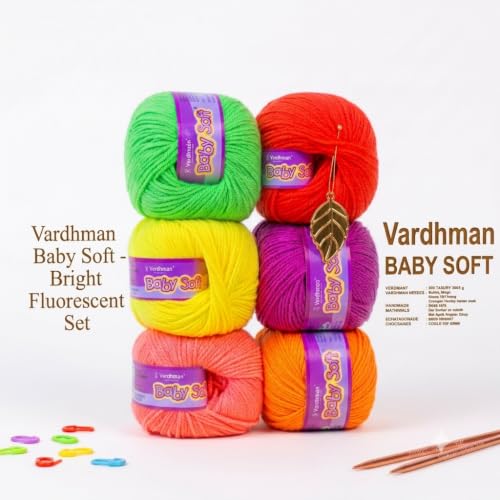 Image of Vardhman BabySoft Knitting Yarn | 100% Acrylic Wool | 4 Ply | Thin Knitting & Crocheting Hook Thread & Lightweight | Special Baby Wool | 150 Grams (6 Balls of 25g) | Machine Washable | Ideal for Blankets, Hats, Booties Ultra-Soft for Baby Sweaters, Blankets, Caps, Socks, Soft toys, Art & craft (Bright Fluorescent)