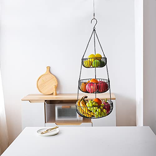 Large Size Heavy Duty Wire 3 Tier Hanging Basket With Lenght Adjustable Ceilling Mount Hooks, French Rustic Country Style Fruit And Vegetable Metal Baskets, Space Saving Kitchen Storage Organizer, Black #TOP6